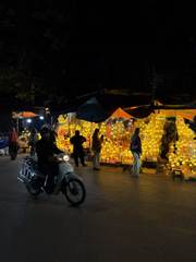 A brightly lit flower stall at night